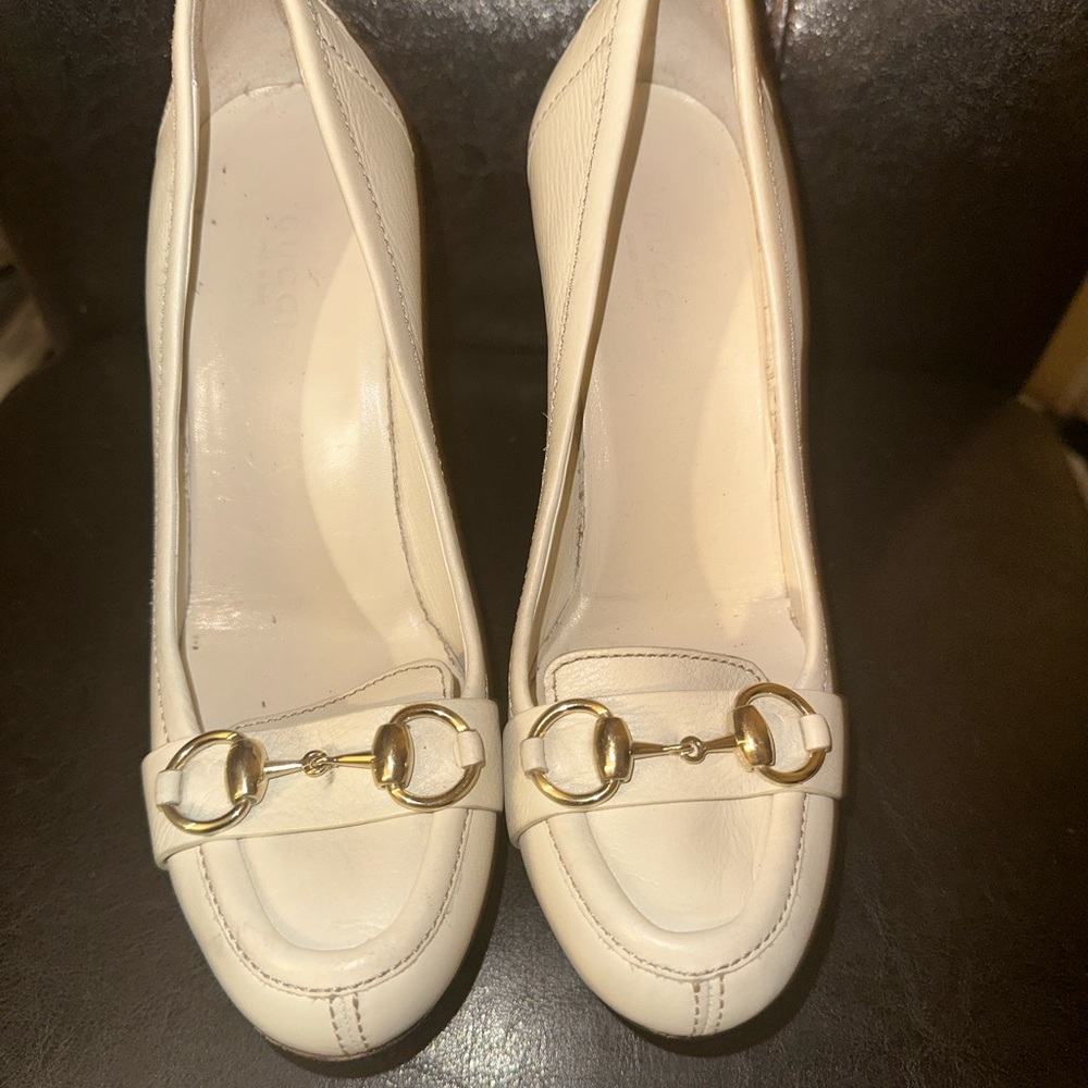 Gucci cream Horsebit leather wedge heel